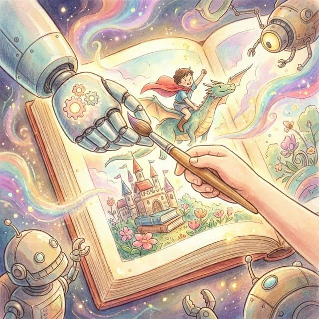 AI-powered personalized children's book showing technology creating custom illustrations of a child