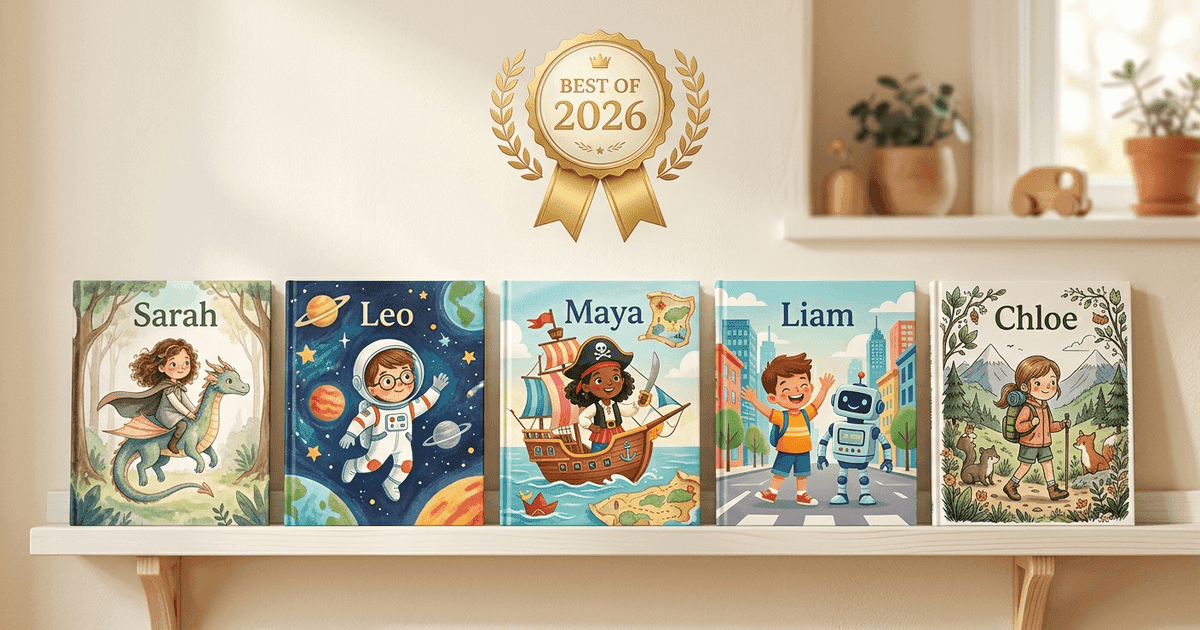 A collection of personalized children's books from different services laid out side by side for comparison, each showing a different child as the main character
