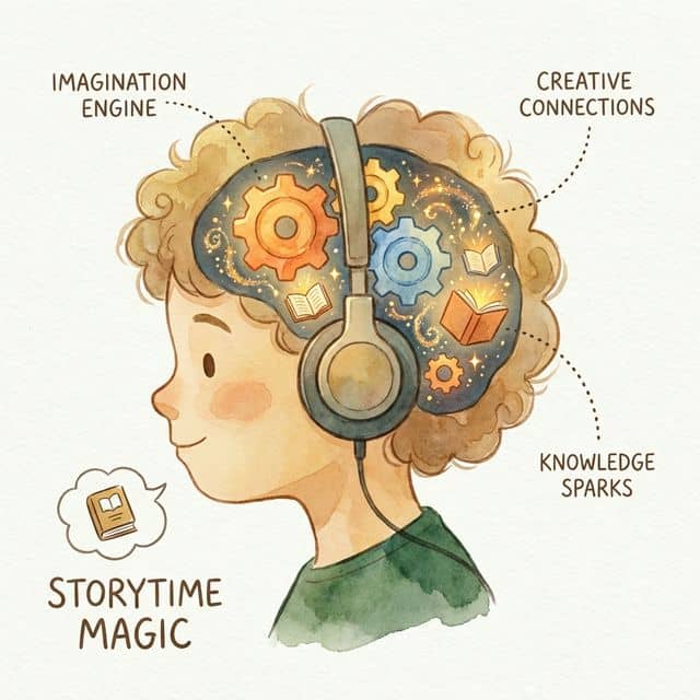 An artistic cross-section of a child's head showing colorful gears and sparks of imagination lighting up while they listen to a story — representing the science of bibliotherapy
