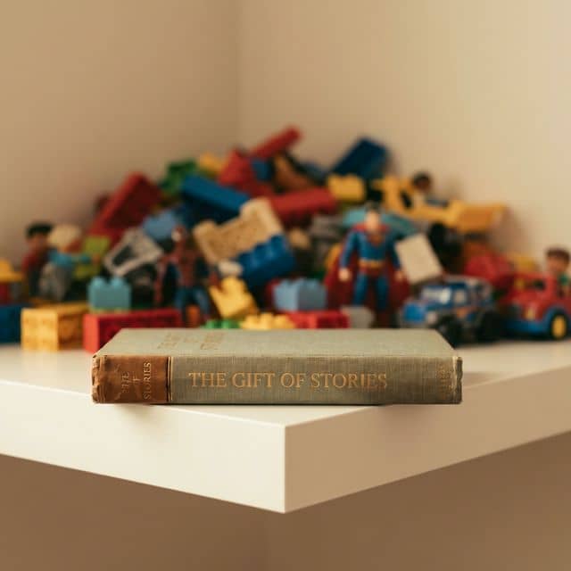 A pile of colorful plastic toys blurred in the background with a single beautifully bound personalized storybook resting on a clean white shelf in the foreground — representing meaningful non-toy gift ideas