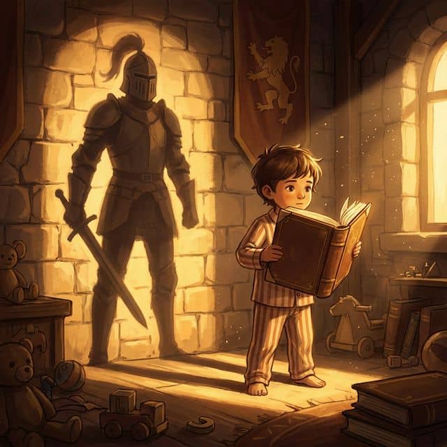 Child in pajamas casting a superhero shadow against the wall, holding a book like a shield