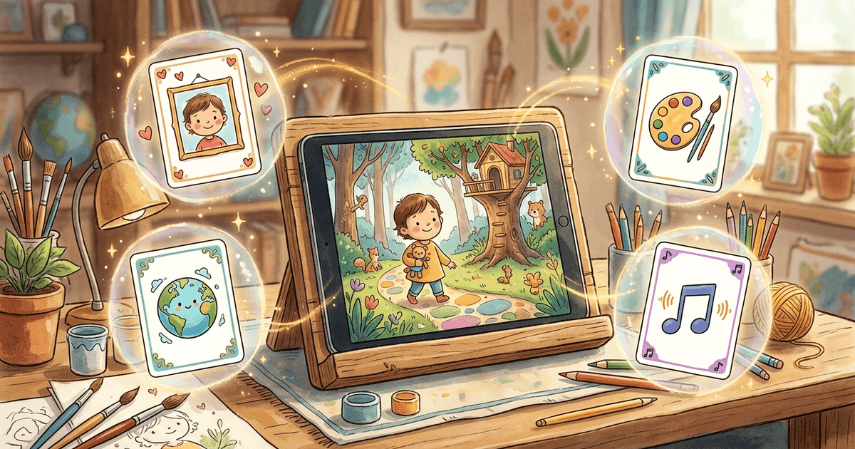 A customizable children's book builder on a tablet showing options to swap photo, illustration style, and language