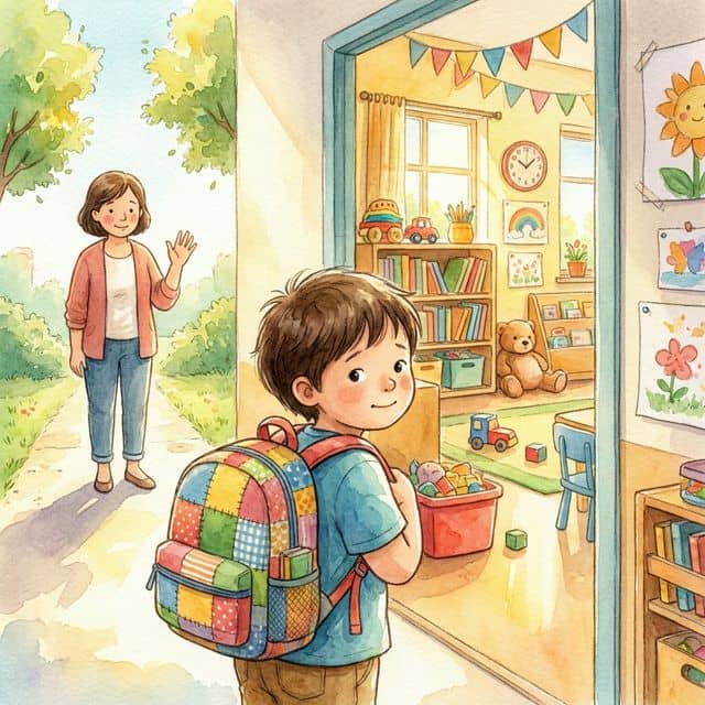 A child with a backpack standing at a bright classroom door looking back at a waving parent with the classroom looking inviting and full of fun — representing first day of school anxiety support