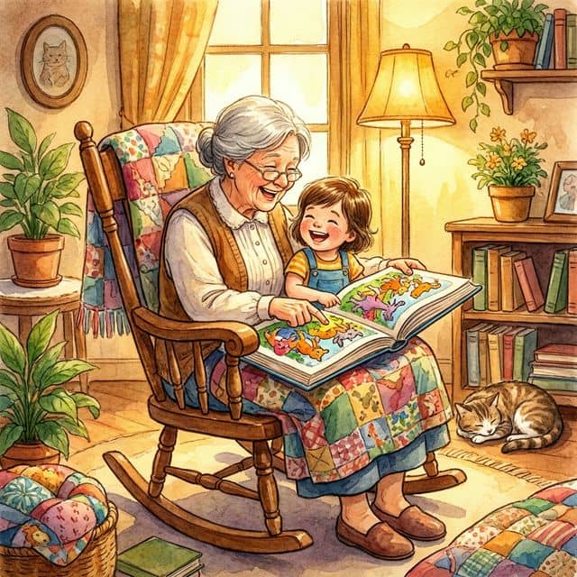 An older woman and a young child sitting together in a rocking chair laughing while pointing at a personalized storybook — representing the bond between grandparents and grandchildren through reading