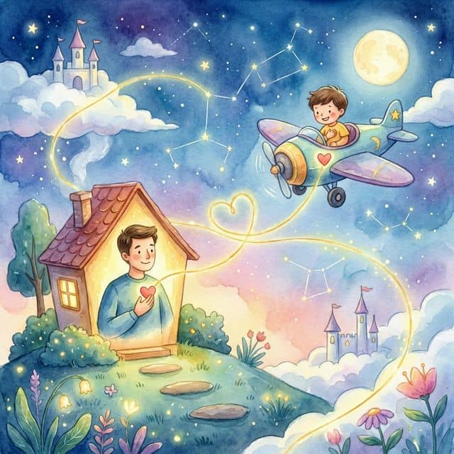 A parent and child separated by distance — one in a house, one in a plane — connected by a glowing golden thread looping through the sky, representing the invisible string of love