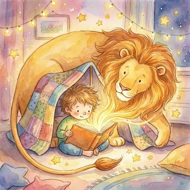 A child reading a glowing book under a blanket fort with a friendly golden lion emerging from the pages — representing bibliotherapy and personalized storybooks that help children overcome fears