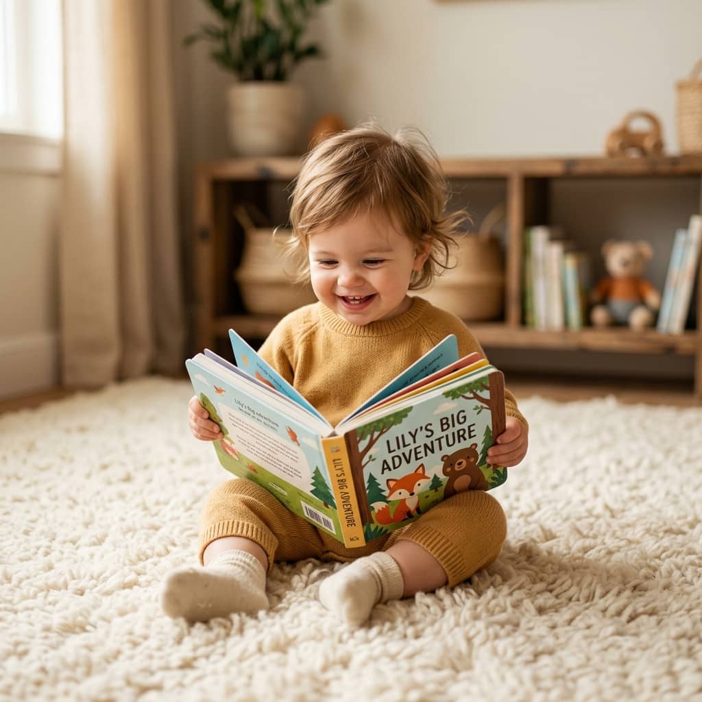A toddler holding a personalized board book with their own name and illustrated face on the cover