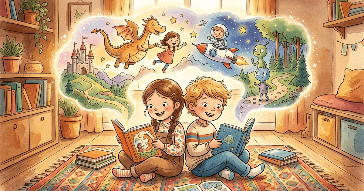 Twin children sitting together reading a personalized storybook that features both of them as illustrated characters in a magical adventure
