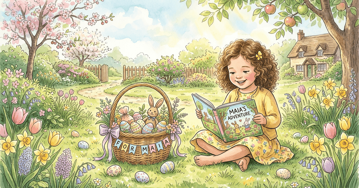 A child discovering a personalized storybook inside a colorful Easter basket surrounded by spring flowers and eggs