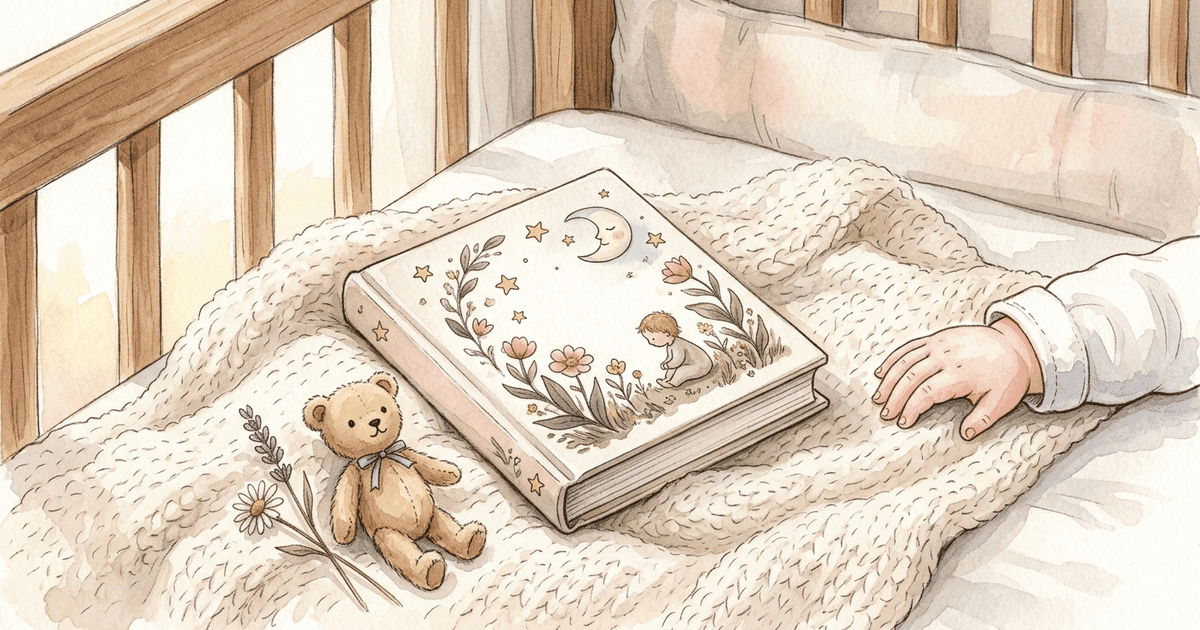 A personalized keepsake storybook for a newborn, on a crib blanket beside a sleeping baby's hand