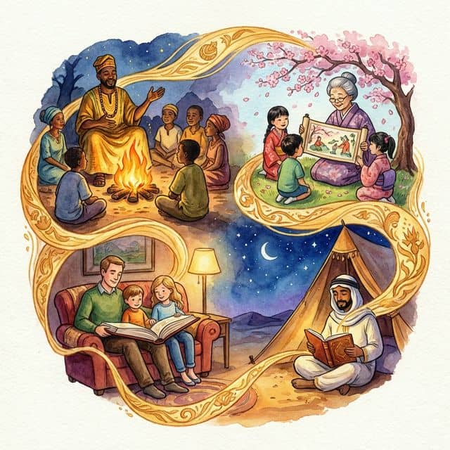 Storytelling traditions from 6 cultures around the world including African griot, Japanese kamishibai, and Arabic hekaya