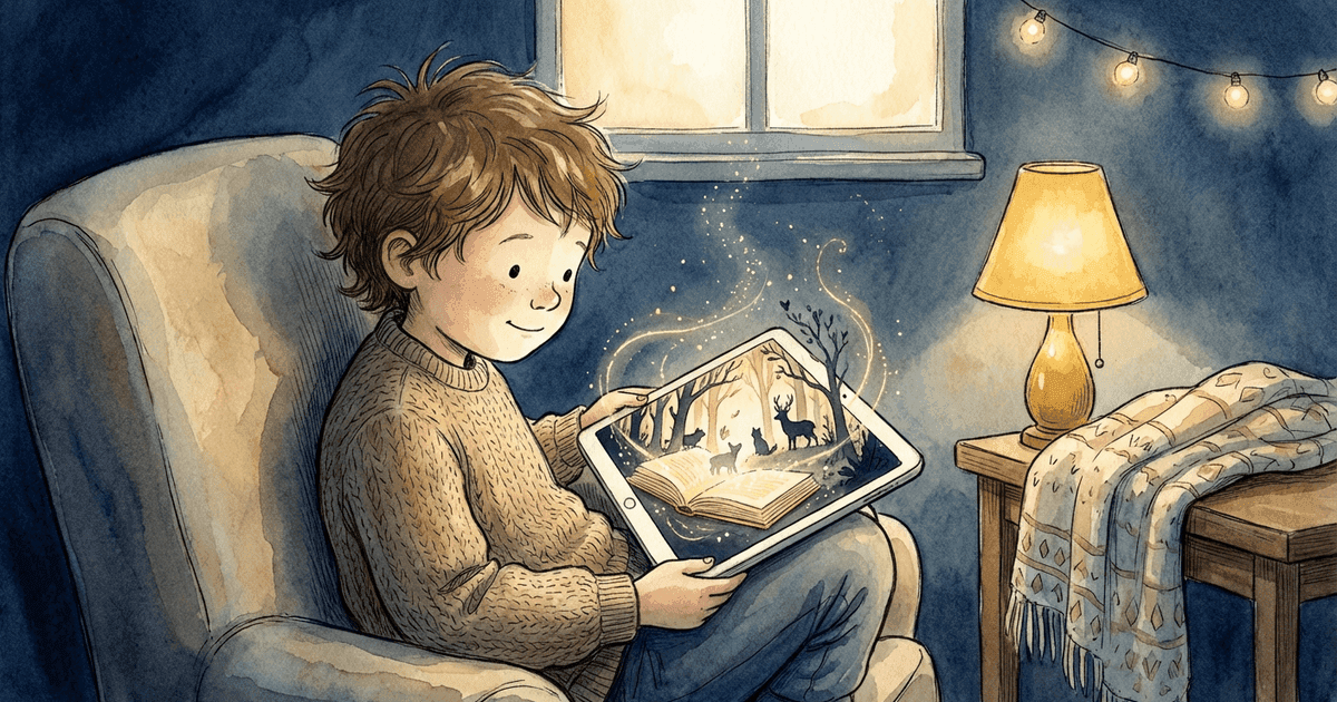 Child watching a personalized video storybook on a tablet with gentle animation and golden sparkles