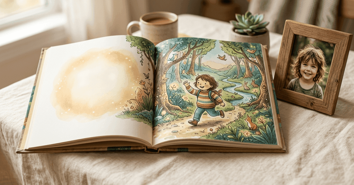 An open personalized children's book on a table with a child's name on the cover and the child as the illustrated hero