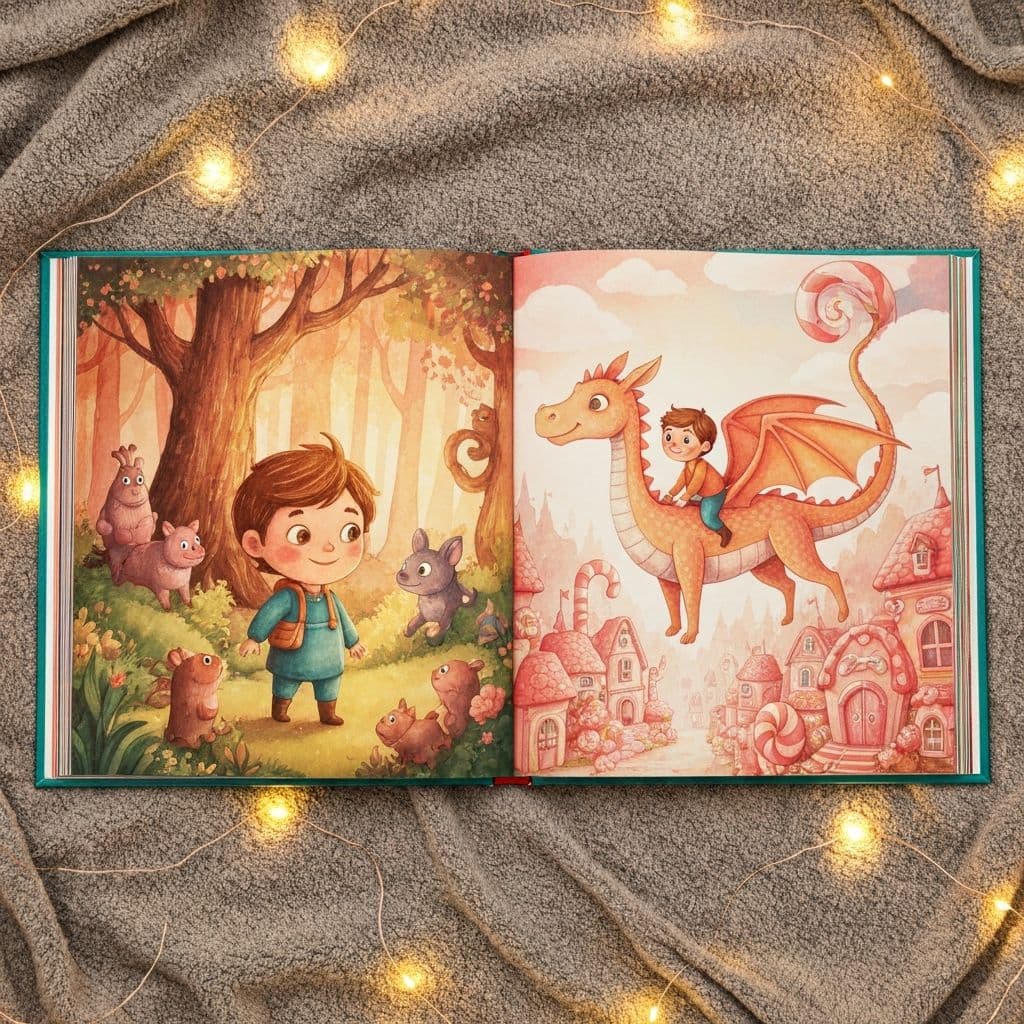 A personalized storybook spread showing a child as the main character