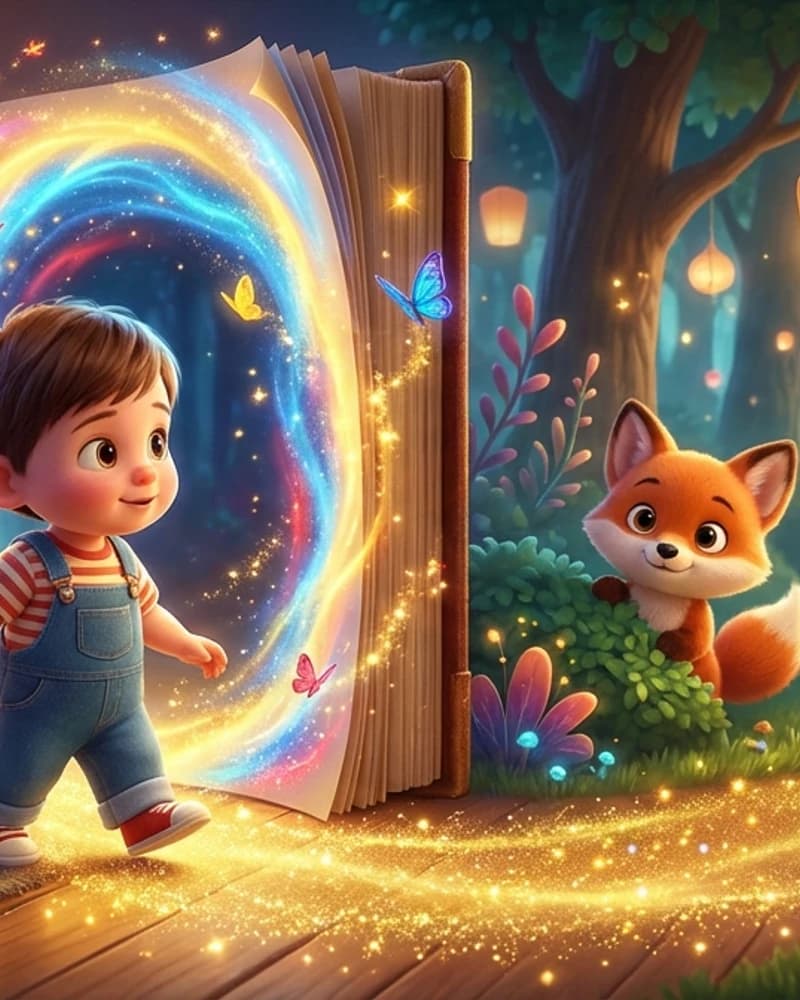 A child stepping through a storybook into a magical world