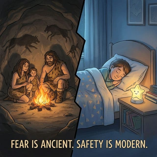 Split scene showing a prehistoric family by a fire and a modern child in bed, linking ancient instincts to modern behavior