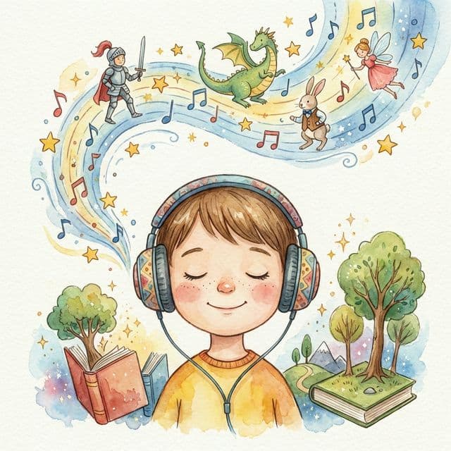 Child wearing headphones listening to an audio storybook with story characters floating in imagination