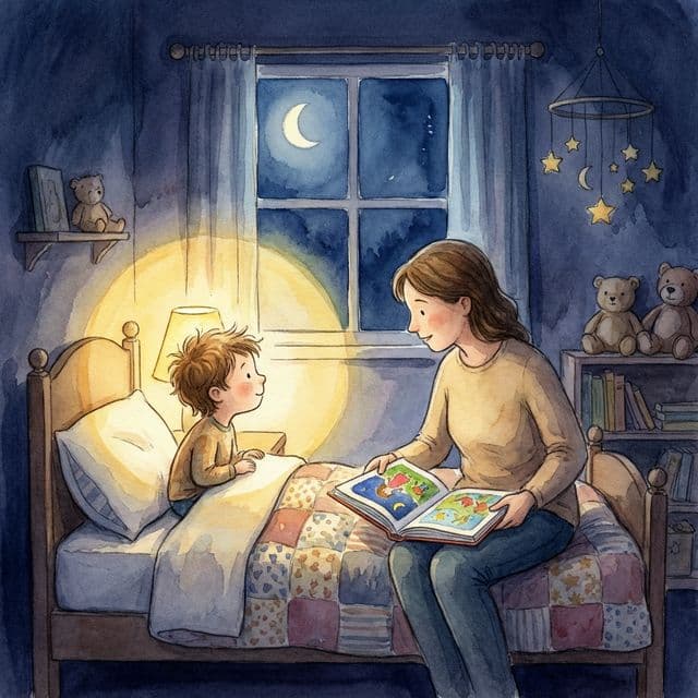 A parent sitting on the edge of a child's bed holding a colorful storybook, moonlight blue tones contrasting with warm lamp light — representing bedtime anxiety support