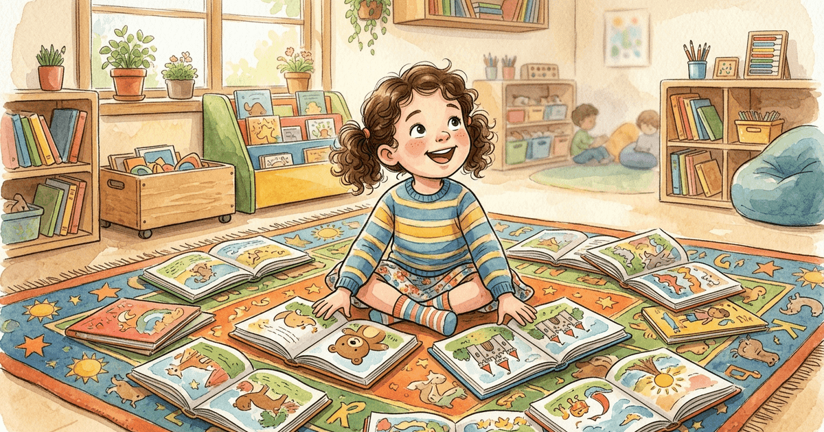 A kindergarten-age child sitting on a classroom reading rug surrounded by open picture books, looking up with a delighted expression