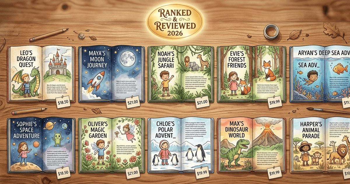 Ten personalized children's books compared side-by-side on a wooden table with price labels, showing the best options for 2026