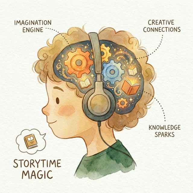 An artistic cross-section of a child's head showing colorful gears and sparks of imagination lighting up while they listen to a story — representing the science of bibliotherapy