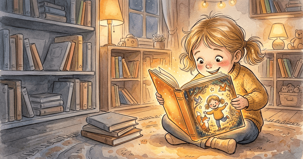 A child who was previously uninterested in reading now engaged and smiling while looking at a personalized storybook featuring their own face in the illustrations