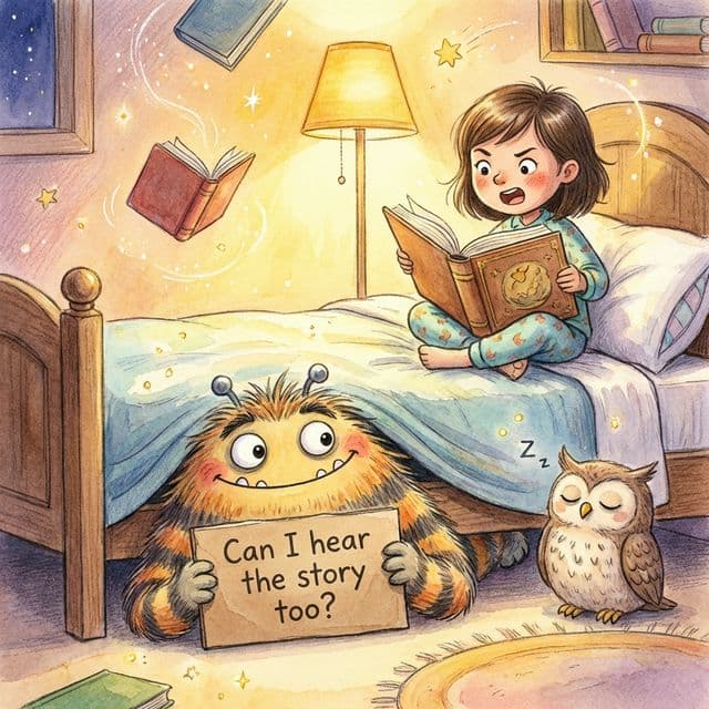 Digital illustration of a friendly monster peeking from under a bed while a child reads confidently
