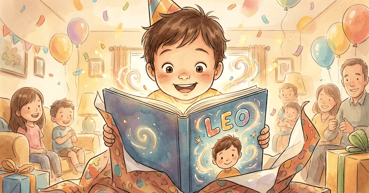 A child delighting at a personalized birthday storybook showing their illustrated face on the cover