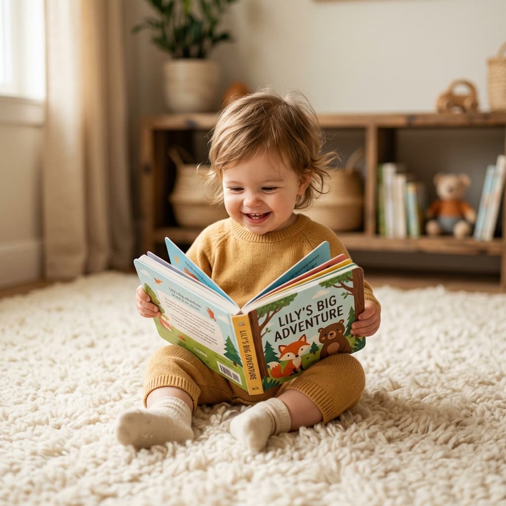 A toddler holding a personalized board book with their own name and illustrated face on the cover