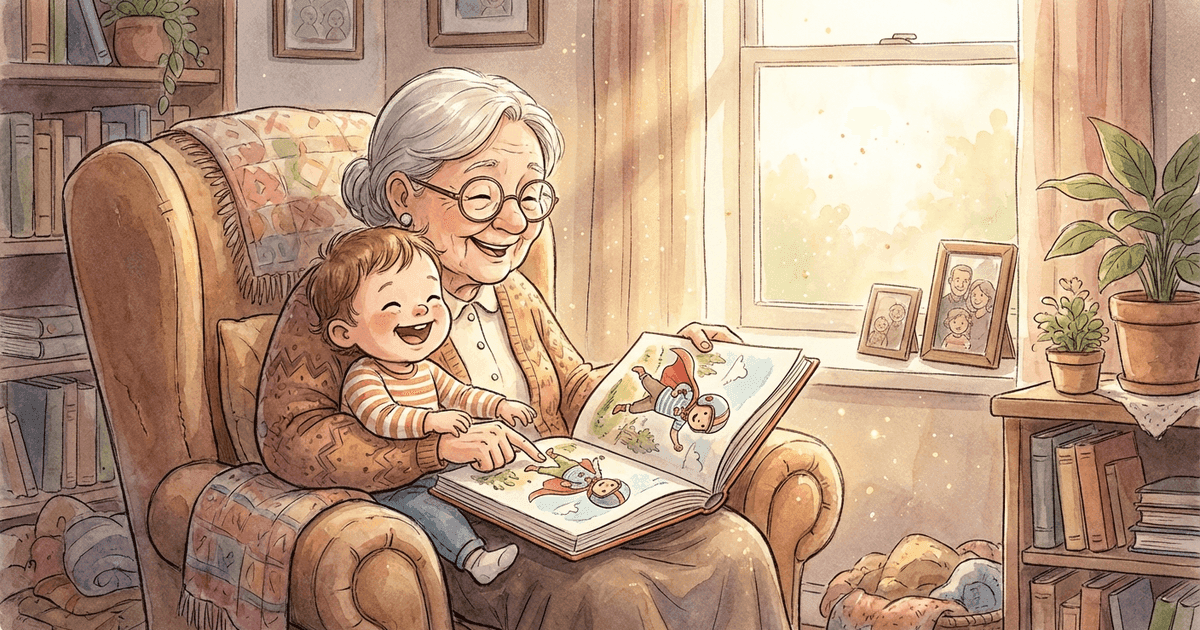 A grandmother reading a personalized storybook to her grandchild featuring the child as the hero