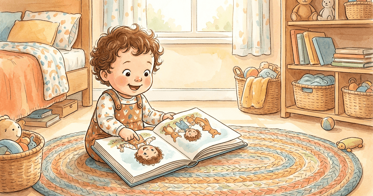 A toddler looking with delight at a personalized picture book featuring their own face as the main character