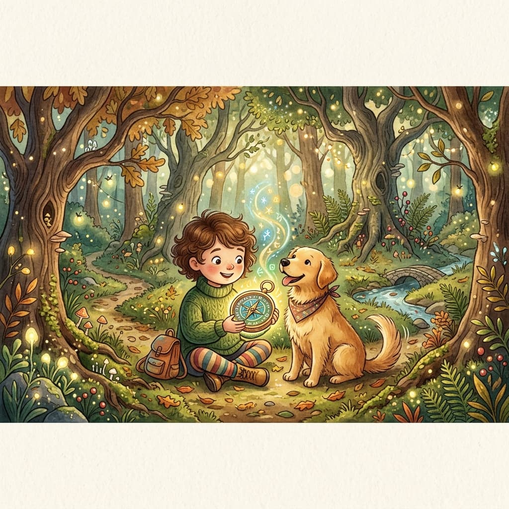 An illustrated storybook page showing a young child and their golden retriever as co-stars of a personalized adventure story, drawn from real photos