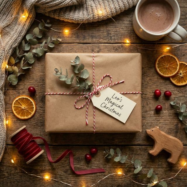 A festive flat-lay of a wrapped personalized book with a custom nametag surrounded by ribbon and dried flowers on a wooden table — representing personalized children's gift ideas