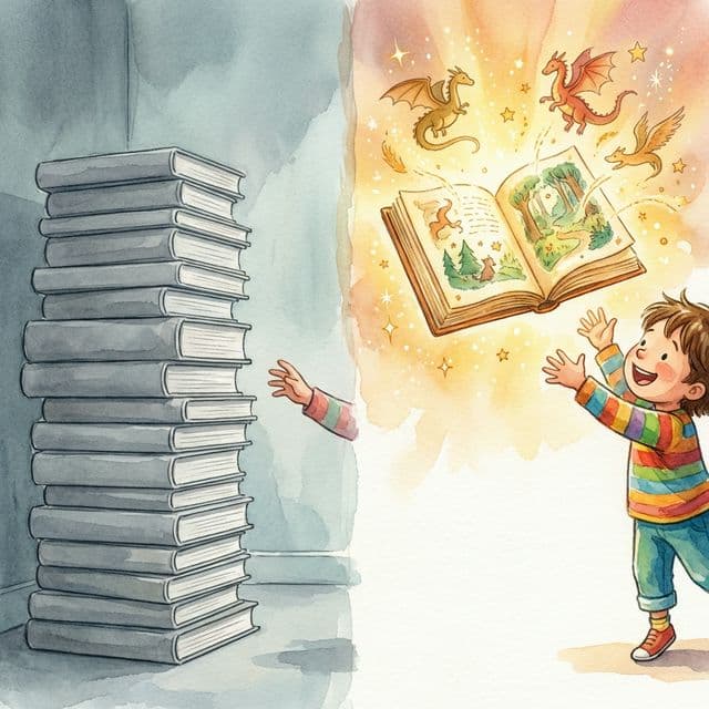 A split illustration: on the left a stack of identical grey books, on the right a single glowing magical personalized book with a child reaching for it — comparing personalized vs traditional books