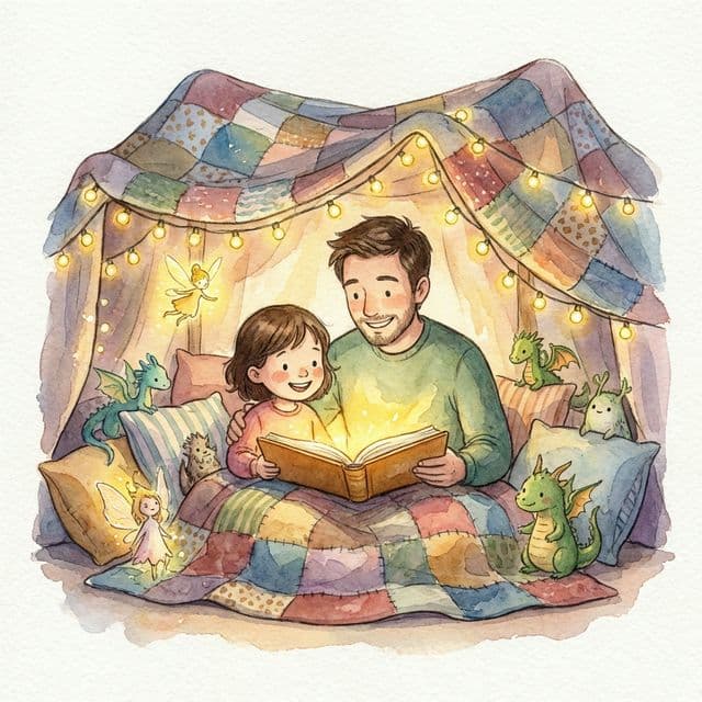 Parent and child enjoying magical bedtime reading ritual with cozy atmosphere
