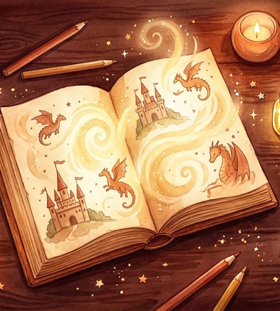 A magical writing desk with a glowing storybook