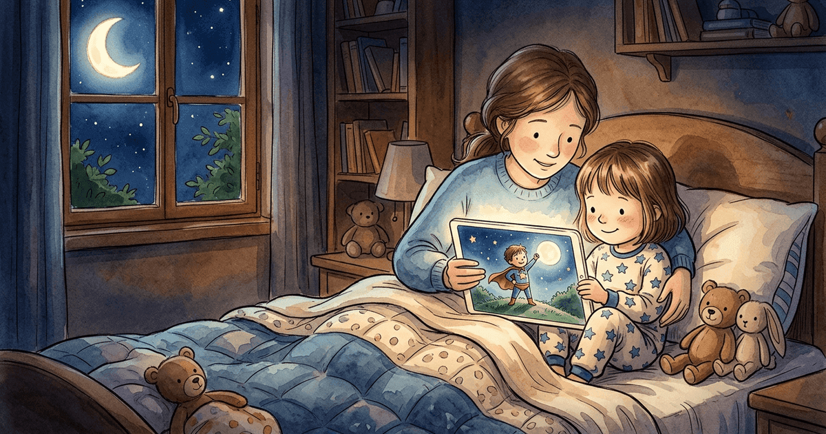 A parent and child in a softly lit bedroom at night, reading a tablet showing an AI-generated personalised bedtime story with the child as the illustrated hero