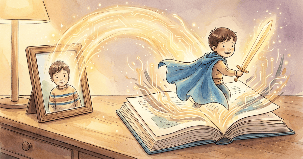 A child holding an AI-illustrated storybook where they are the main character, illustrated from their own photo