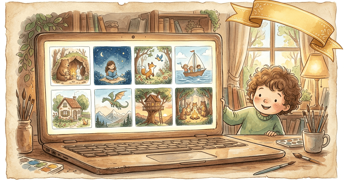 A laptop screen displaying eight different AI storybook maker thumbnails side-by-side for comparison, with a small storybook character waving from the screen