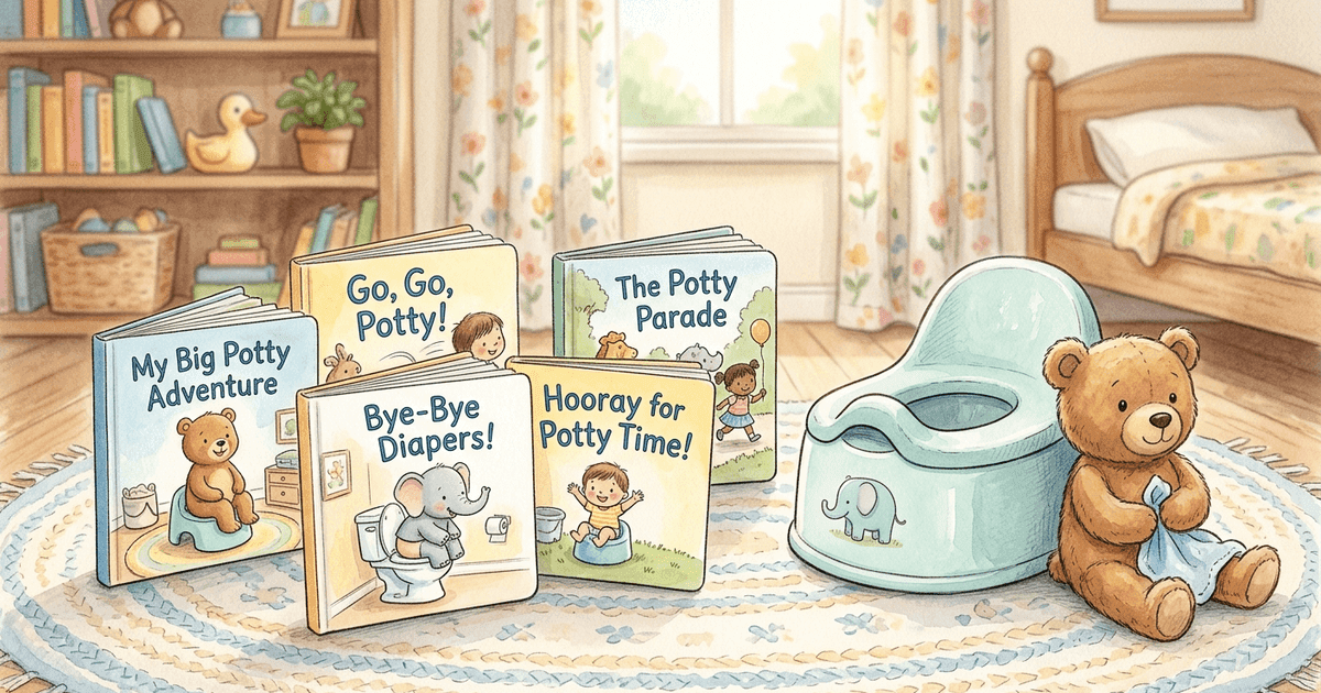 A collection of potty training books arranged on a child's bedroom floor next to a small potty