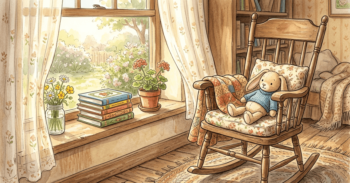 A small stack of classic picture books on a windowsill beside a rocking chair, warm afternoon light, a preschool-age child's stuffed rabbit on the chair