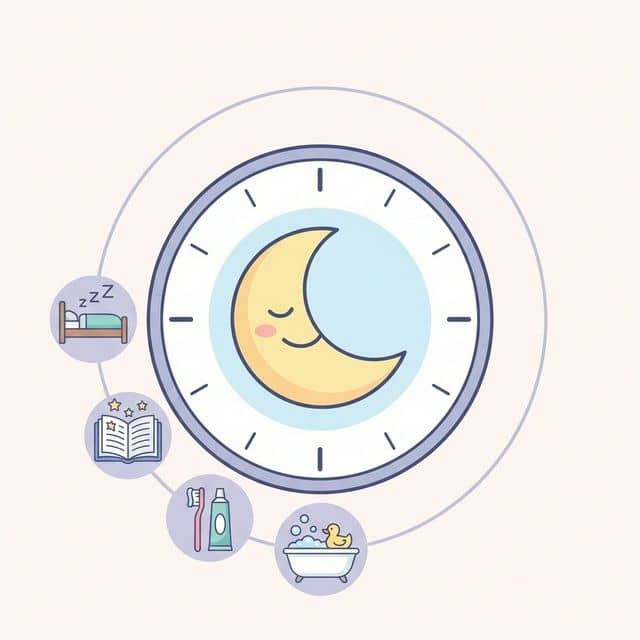 Infographic style clock showing bath time, brushing teeth, reading, and sleep phases of a routine