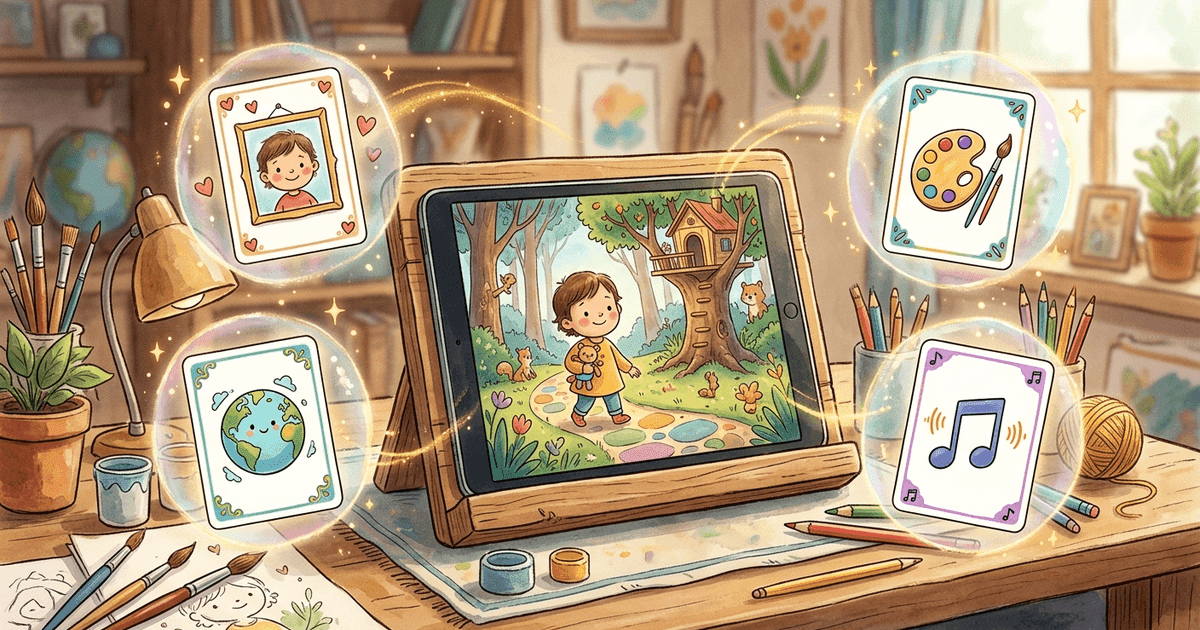A customizable children's book builder on a tablet showing options to swap photo, illustration style, and language