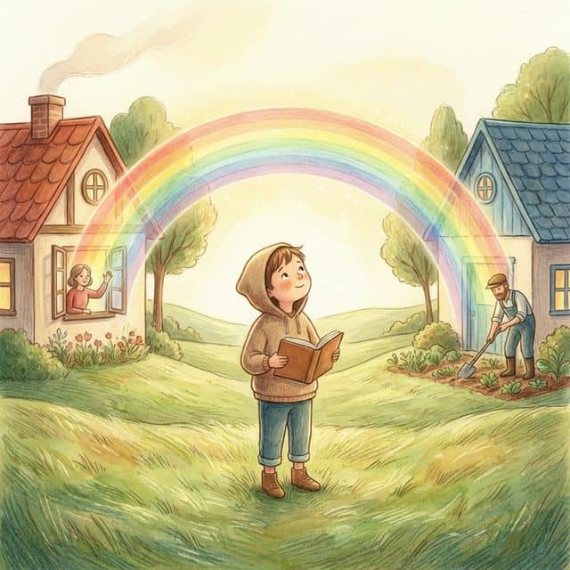 Child standing under a rainbow connecting two houses, holding a book, symbolizing love bridging separation