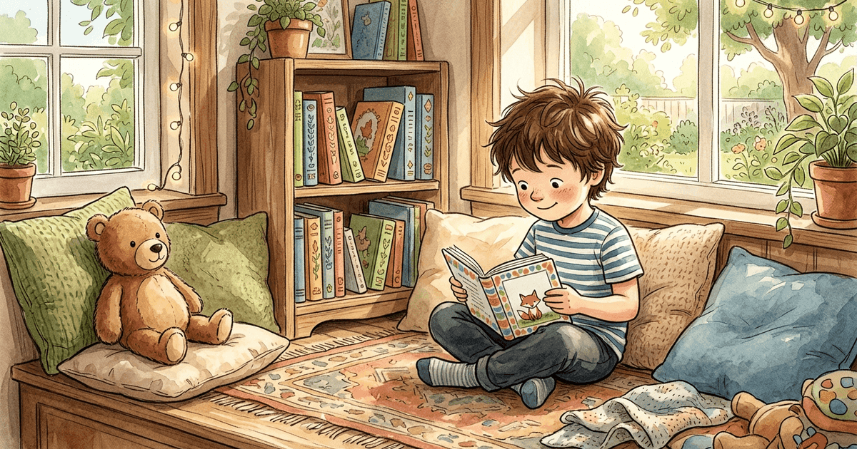 A 6-year-old reading an early reader book independently in a sunlit reading nook, the book personalized with their name on the cover