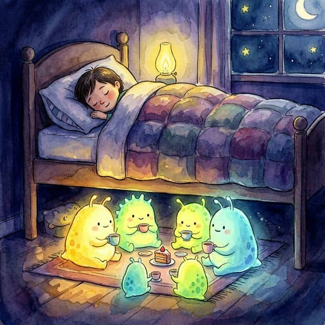 A child sleeping peacefully in bed with cute friendly glowing creatures having a tea party under the bed instead of monsters — representing conquering fear of the dark