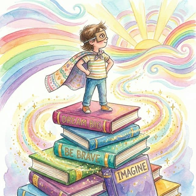 A child wearing a superhero cape standing confidently on a stack of giant books looking toward a colorful horizon — representing the confidence children gain from seeing themselves as story heroes