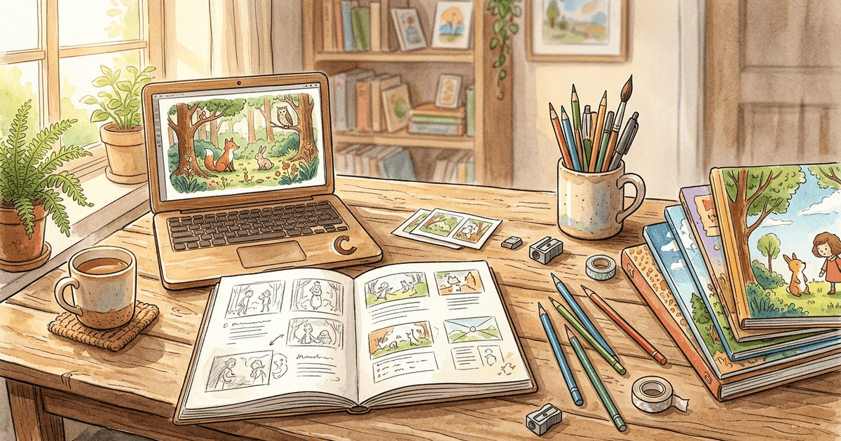 A creator at a wooden desk laying out picture book pages with a laptop, sketchbook, and printed proofs spread around, in warm afternoon light