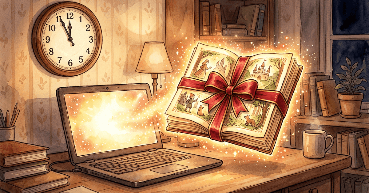 A glowing personalized storybook appearing from a laptop screen with a gift bow — instant digital delivery for last-minute gifts