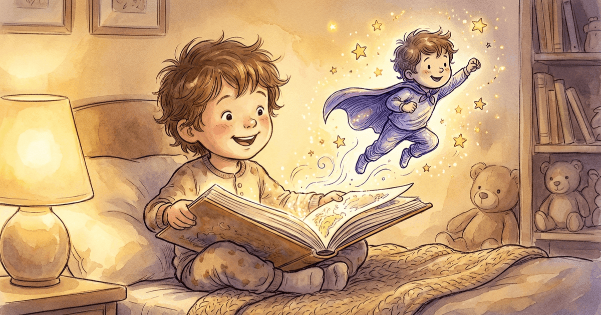 A joyful child holding an open storybook with their illustrated doppelganger leaping out wearing a cape, surrounded by stars and magical sparkles